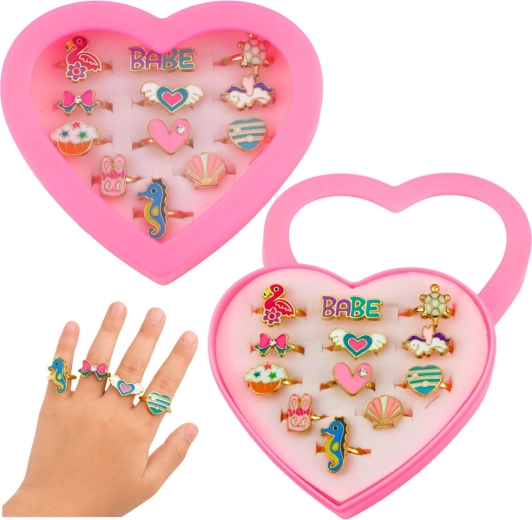 Set de bagues pour enfants réglables dans un étui en forme de cœur, 12 pcs