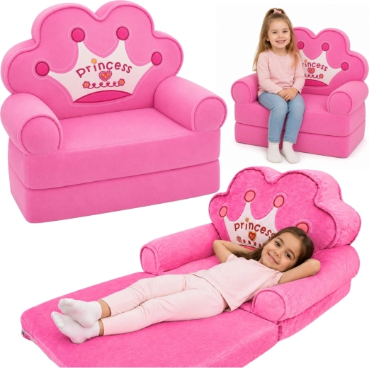 Fauteuil enfant pliable 2-en-1 princesse avec couronne rose - 1 pièce
