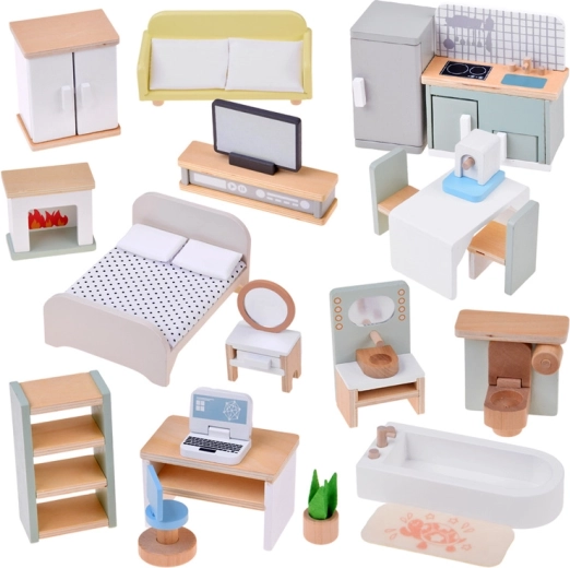 Meubles en bois pour maison de poupées – 28 pièces (cuisine, salon, chambre, salle de bains, bureau)
