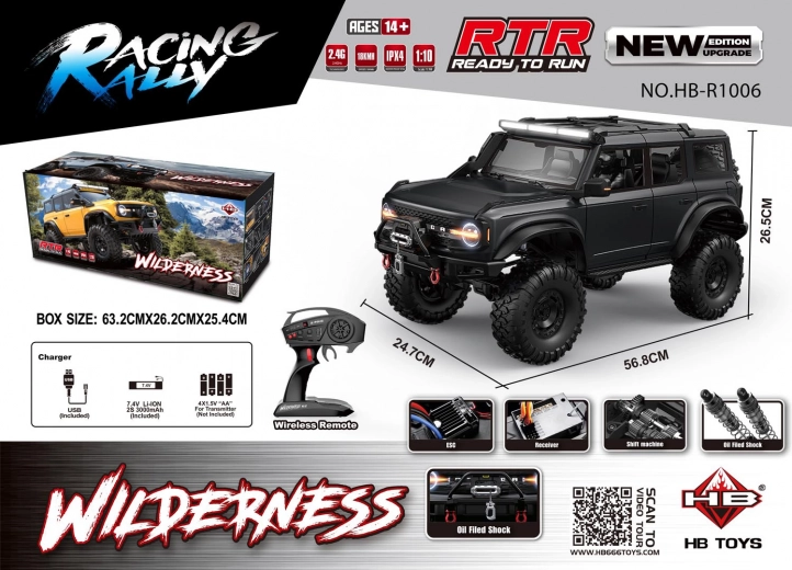Voiture RC WILDERNESS 1:10, noire, étanche, éclairage LED