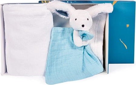 Coffret cadeau lapin heureux plaid et doudou bleu