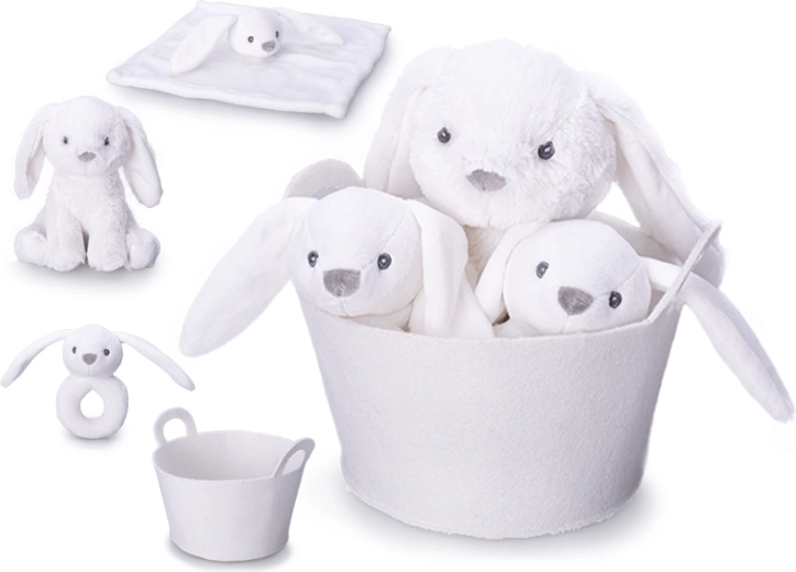Coffret cadeau pour bébé – lapin blanc en peluche 20 cm, hochet et doudou dans un panier doux
