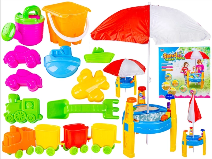 Bac à sable 2en1 – table à eau et à sable avec parasol et accessoires