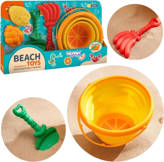 Woopie set de plage pour le sable fruits tropicaux avec seau pliable, pelle, râteau et moules