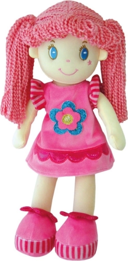Poupée en tissu en robe rose avec une fleur