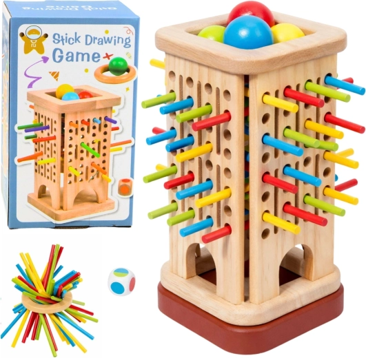 Jeu d’adresse en bois tour avec bâtonnets et billes, 37 pièces