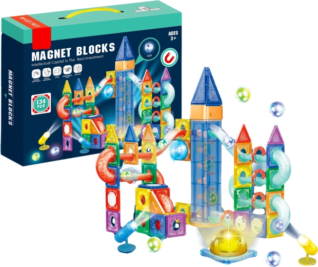 Jeu de construction magnétique avec lumières LED et bille, 134 pièces