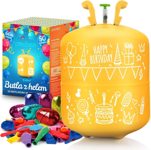Bouteille d’hélium jetable 0,42 m³ avec 50 ballons et ruban RICOKIDS