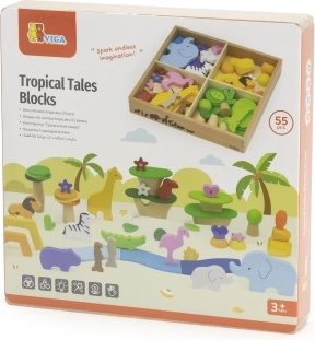 VIGA Cubes en bois Histoires tropicales colorées 55 pièces