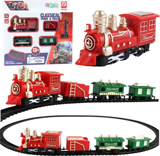 Petit train classique à piles avec locomotive, wagons et rails – 13 pièces