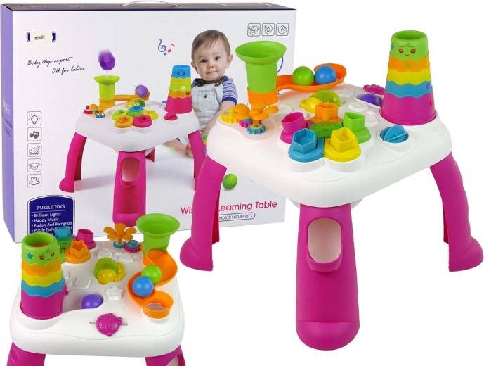 Table éducative interactive pour enfants avec toboggan à billes et formes – rose