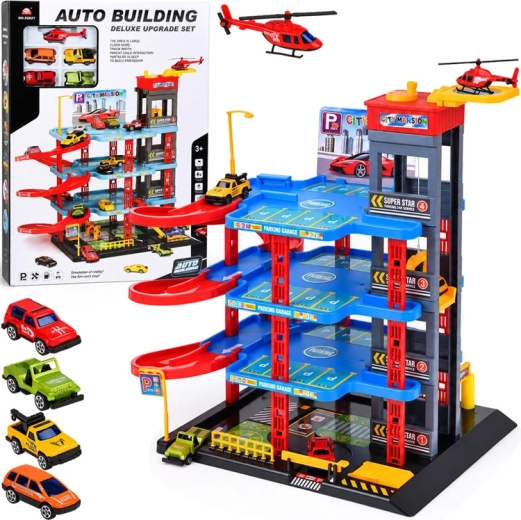 Garage de stationnement pour enfants à quatre étages avec ascenseur, station de lavage et hélicoptère