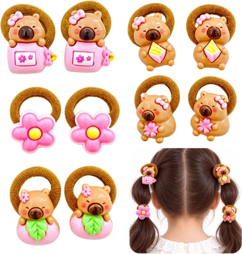 Élastiques à cheveux avec capybara et éléments roses - set de 10 pièces
