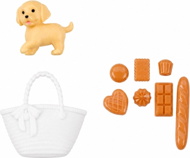 Chien, sac à main et accessoires de goûter