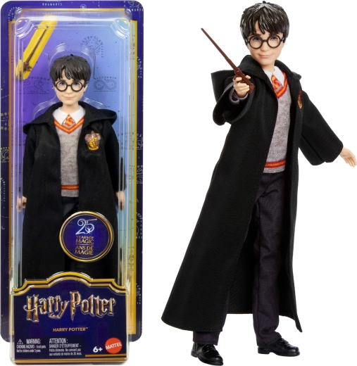 Poupée Harry Potter en tenue de Poudlard avec baguette