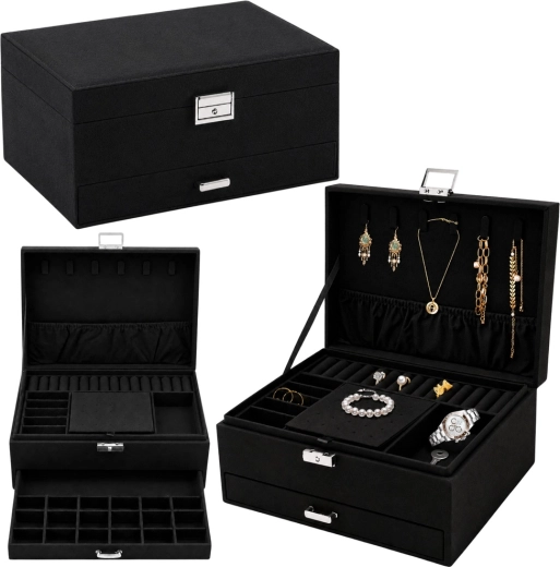 Boîte à bijoux noire en velours – organiseur à bijoux avec tiroir et clé