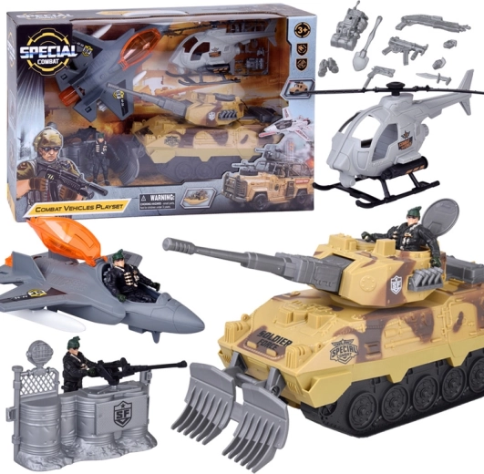 Grand ensemble militaire – char, avion de chasse et hélicoptère avec figurine de soldat
