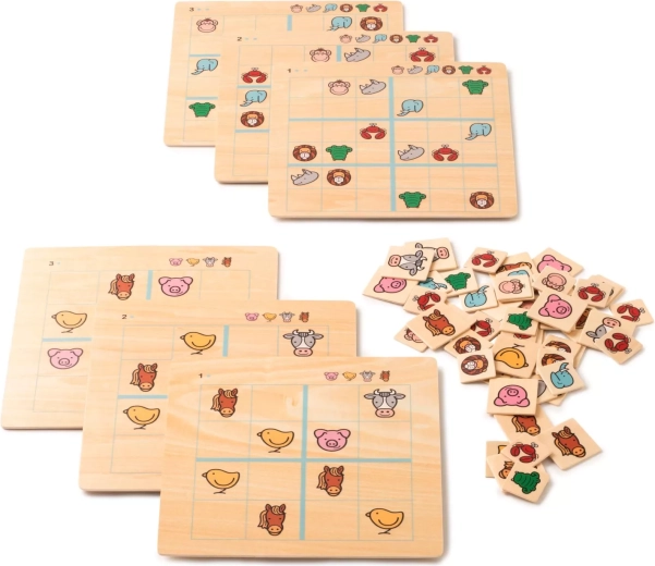 Pièces en bois avec animaux et défis