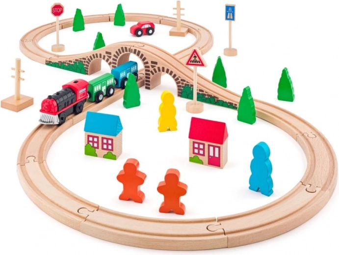 Circuit de train en bois avec locomotive à piles 3+