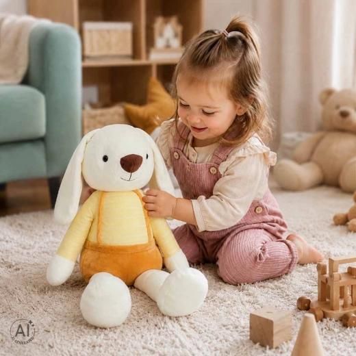Lapin en peluche en salopette jaune 70 cm