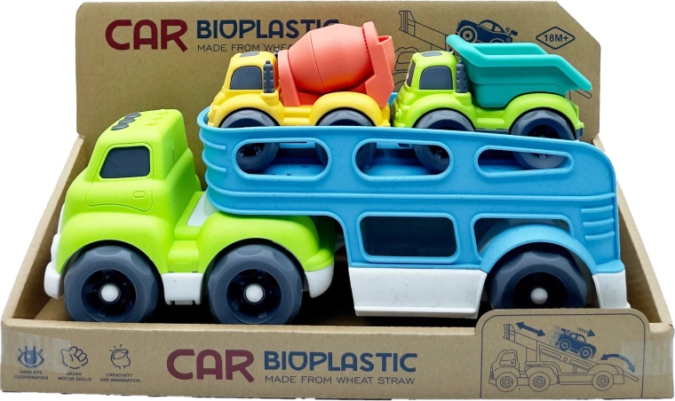 Camion transporteur en bioplastique avec 2 petites voitures (bétonnière et benne) 37 cm