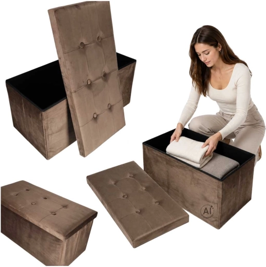Pouf pliable en velours avec espace de rangement 77 × 38 × 37 cm, marron