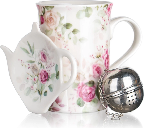 Service à thé avec roses 340 ml – mug en céramique, infuseur inox et soucoupe