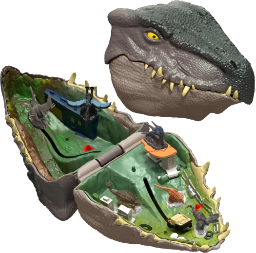Tête de dinosaure portable cachant un monde de jeu