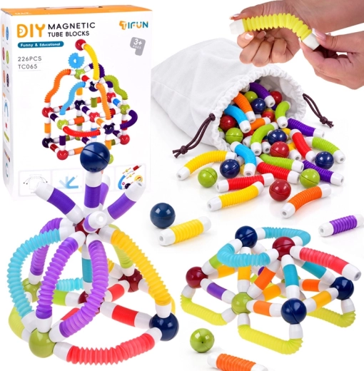 Jeu de construction magnétique avec tubes flexibles, 226 pièces