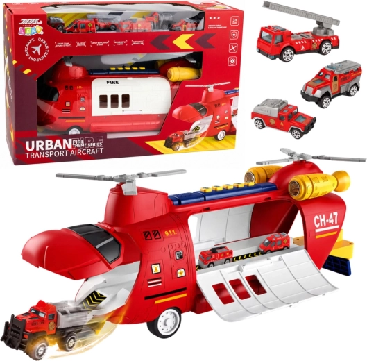 Hélicoptère de transport des pompiers avec véhicules, lumières et sons