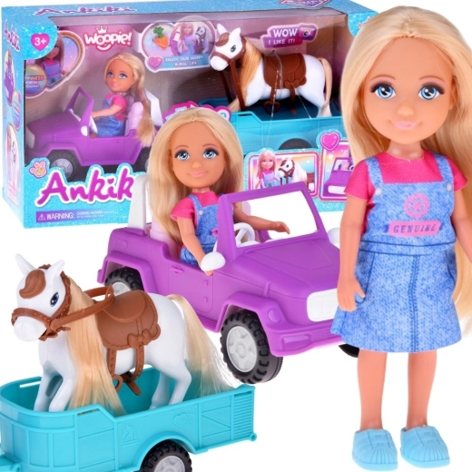 Poupée Woopie Royal Niki avec cheval, véhicule tout-terrain et remorque