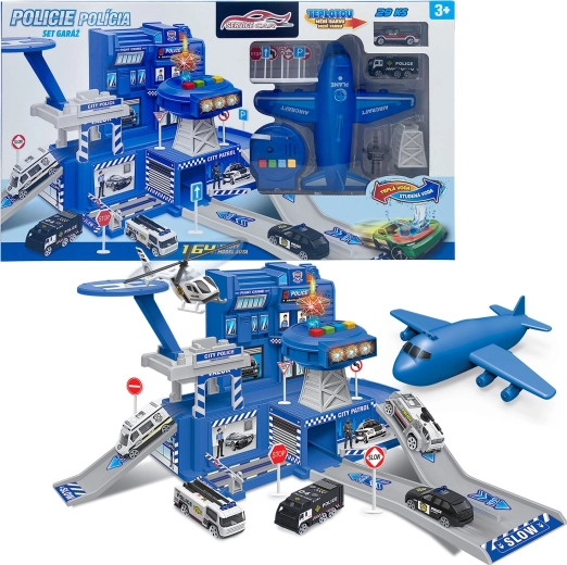 Garage de police avec set et voiture changeant de couleur