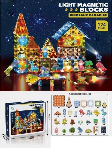 Jeu de construction magnétique Dino avec éléments lumineux, 124 pièces