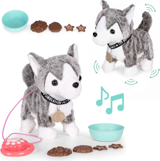 Chiot husky en peluche interactif avec laisse et mélodies
