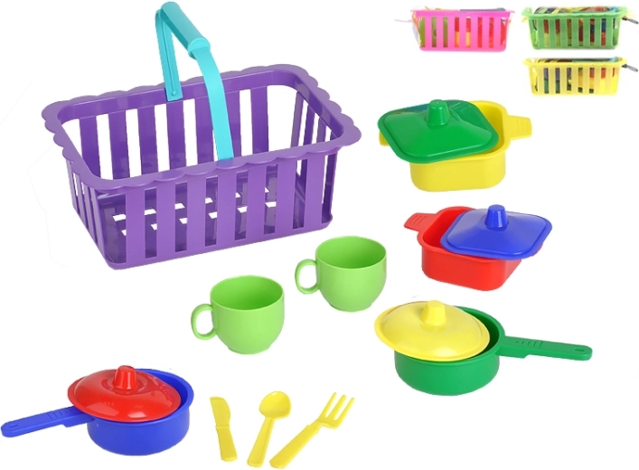 Ensemble de vaisselle pour enfants dans un panier – multicolore, emballage en filet
