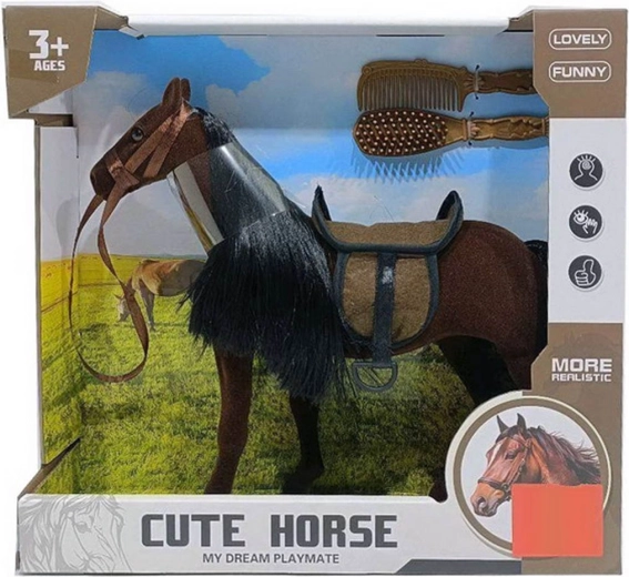 Poney marron avec crinière noire et accessoires de coiffage