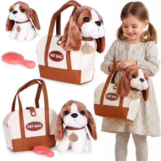 Chien en peluche dans un sac avec brosse pour enfants
