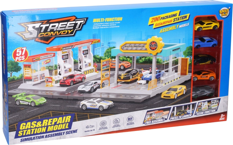 Station-service et garage 2-en-1 avec 5 petites voitures en métal