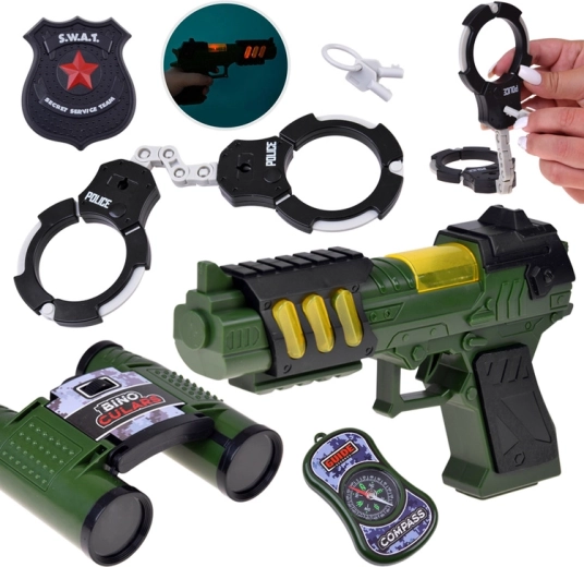 Kit de petit policier SWAT avec pistolet à lumière et son, jumelles et menottes