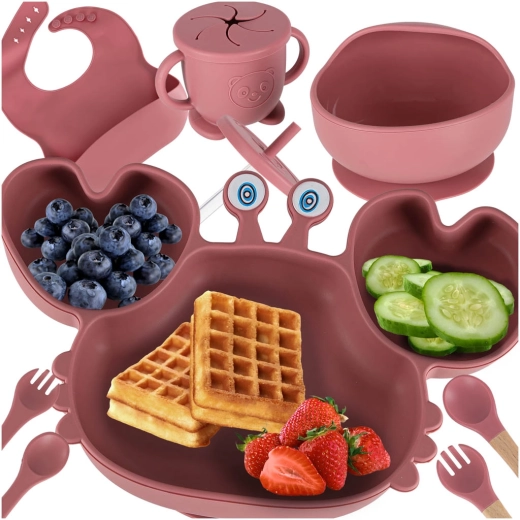 Ensemble repas en silicone pour enfants, crabe, rose - 9 pièces