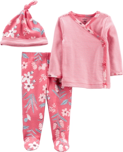 Ensemble fille Carter’s Pink Flower – cache-cœur à manches longues, pantalon pieds intégrés et bonnet