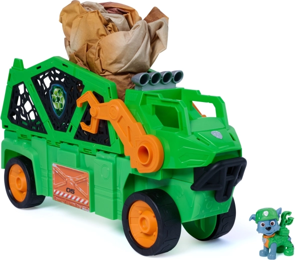 La Pat' Patrouille Dino Rescue, véhicule Megasaurus avec dinosaure gonflable et figurine de Rocky
