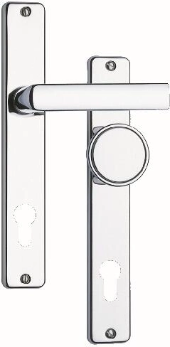 Ferrure de porte : poignée sur plaque avec bouton 804, entraxe 90 mm, inox
