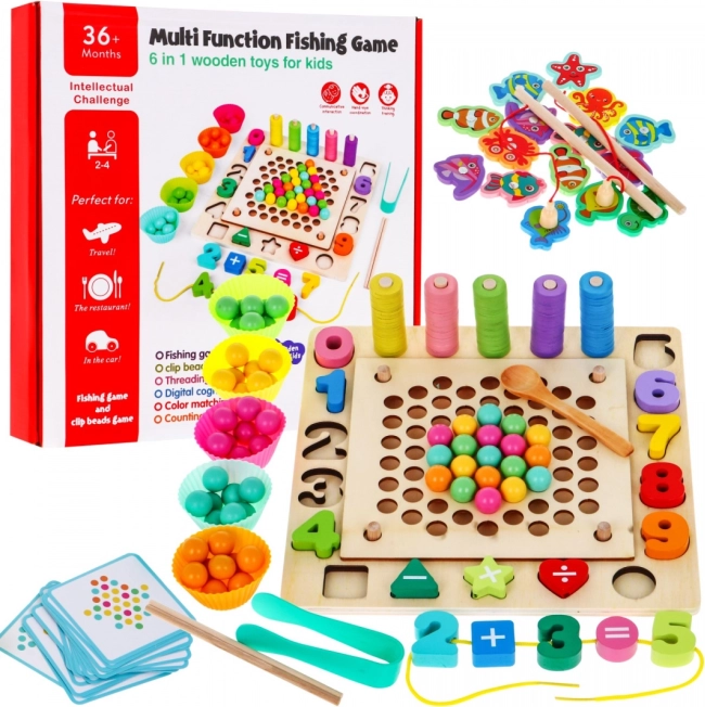Ensemble de jeux éducatifs en bois 6-en-1 pour enfants 3+ Trieur pêche apprentissage des chiffres