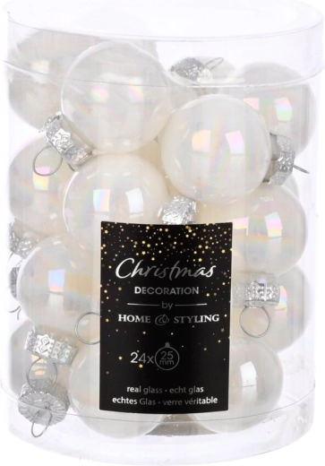 Boules de Noël en verre blanc nacré 2,5 cm, 24 pcs