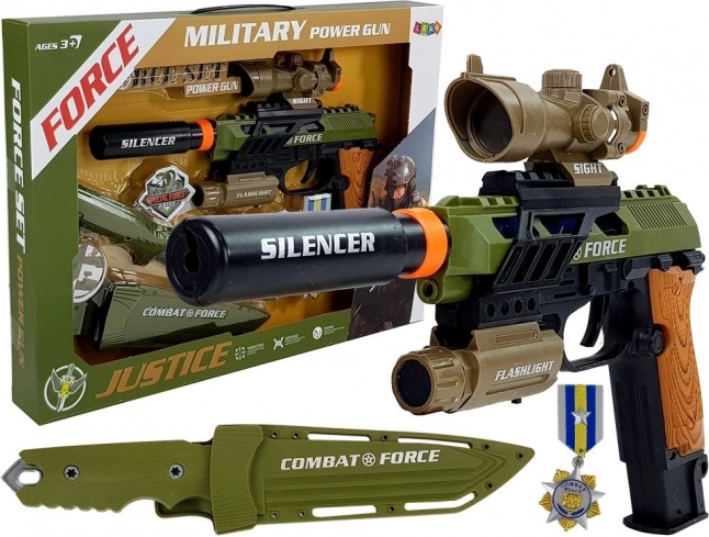Set de jouets militaires avec pistolet, couteau et médaille avec lumières et sons