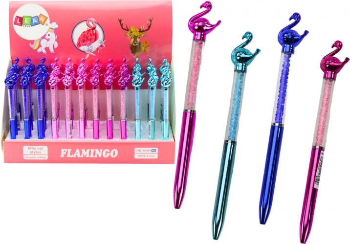 Stylo bille avec flamant rose et strass, recharge bleue 0,7 mm (assortiment de couleurs)