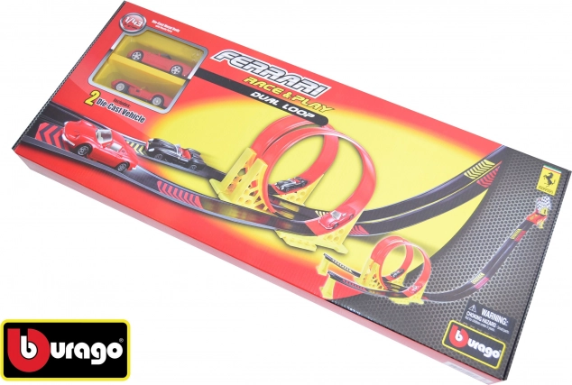 Bburago Ferrari Race & Play boucle double avec 2 voitures et boîte de transport 1:43