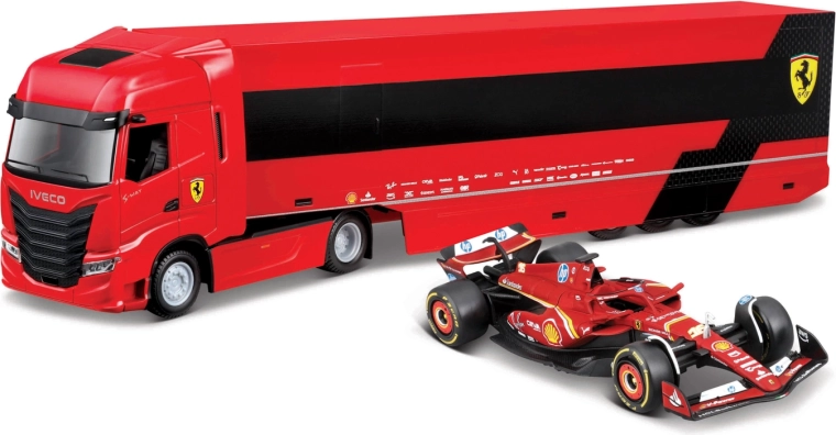 Bburago – camion de course Ferrari Iveco avec remorque et F1 Ferrari SF-24 2024 (Charles Leclerc) 1:43