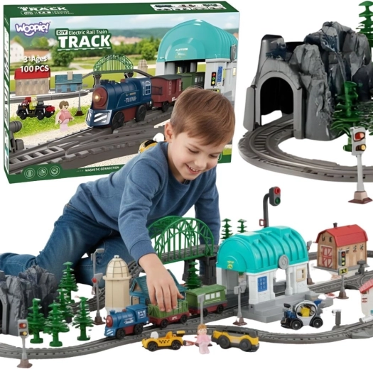 Circuit de train électrique Woopie XXL avec locomotive et petite ville, 108 pièces